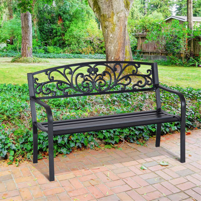 Banc d'extérieur 50 po Outsunny, banc de jardin en métal avec dossier à motif floral, banc de véranda avec siège à lattes pour parc, cour, pelouse, noir