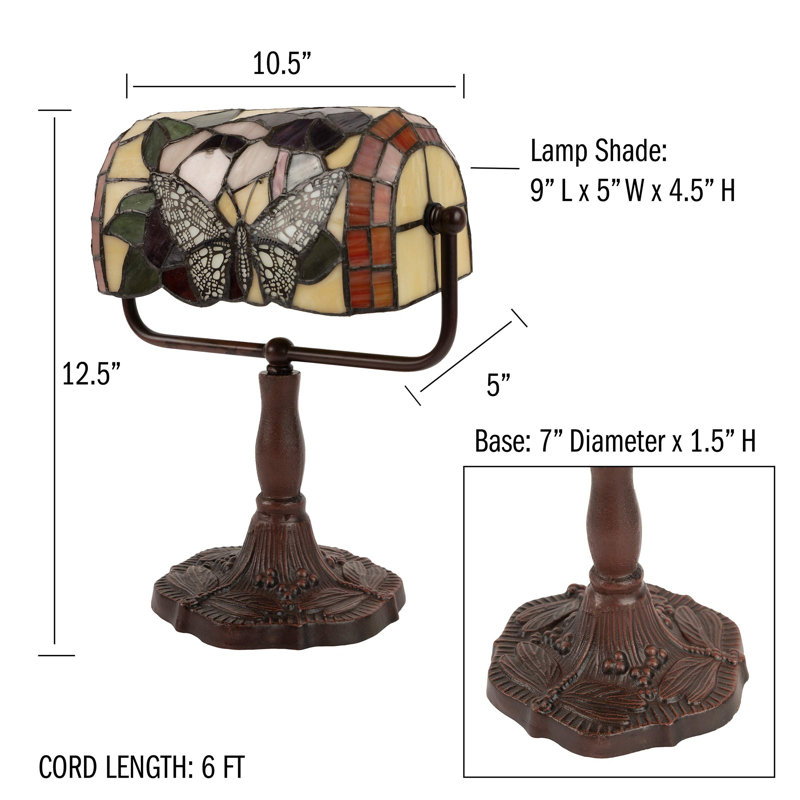 Rosalind Wheeler Tiffany Style Bankers Lamp-Stained Glass Butterfly Design Table or Desk Light LED Bulb Included-Vintage Look Colorful Accent Decor