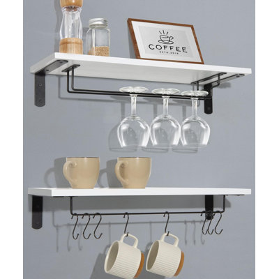 20 Inch Coffee Mug Holder Wall Mount, White Shelves | Mug Shelf for Mugs & Glasses, Floating Shelves with 8 Hooks, Set of 2