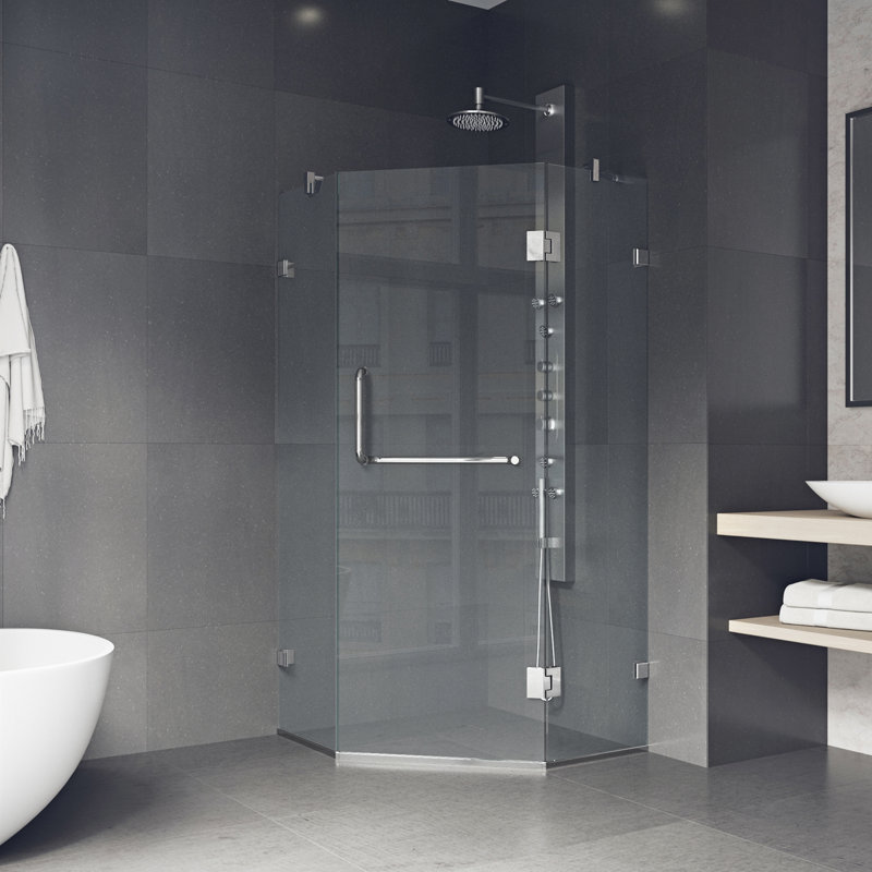 Cabine de douche à charnière sans cadre avec verre transparent 3/8 de l 36 po x P 36 po x H 73 po Piedmont, Chrome