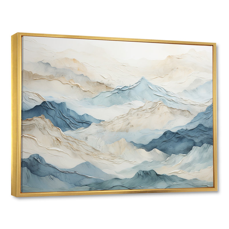 «Minimalisme gris et bleu, brise de montagne - paysage montagneux, reproduction d'art sur toile», Cadre flottant doré