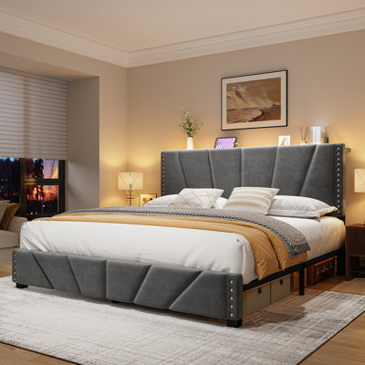 Bed Frame With Velvet Headboard, Storage Platform Bed With Charging Station And Led Lights