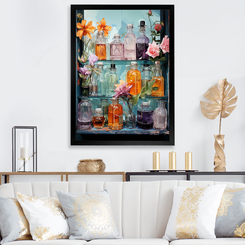 Articles de toilette, élixir de beauté II sur toile, Cadre photo noir, H 44 po x l 34 po x P 1,5 po