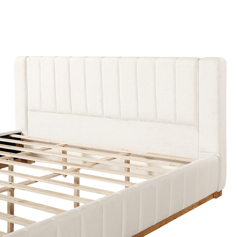 Lit à rayures moderne, minimaliste et élégant en tissu, beige, très grand, Très grand lit
