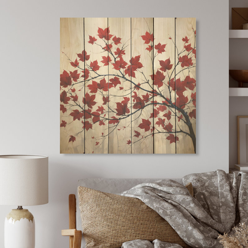 «Red Leaves Scarlet Simplicity - Leaves», art mural sur bois de pin naturel, H 36 po x l 36 po