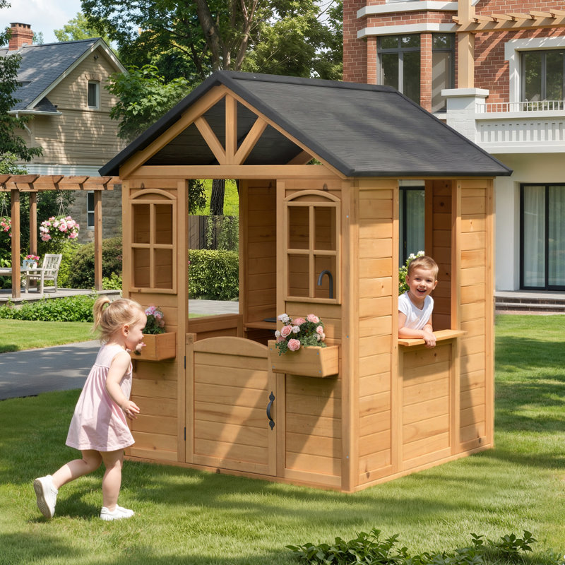 45"W x39"D Outdoor Wooden Playhouse For Kids, Outdoor Garden Pretend Play Games, Adventure Cottage, With Working Door, Windows, Service Station, Flowers Pot Holders