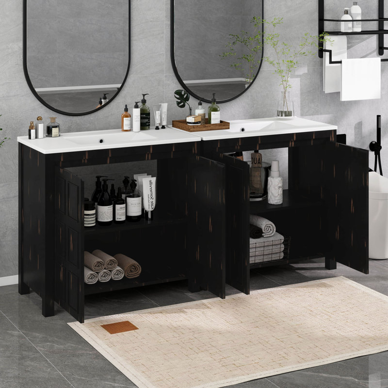Ensemble de meuble-lavabo 72 po avec lavabos doubles (séparés), lavabos doubles en céramique, portes à fermeture douce et tablette réglable
