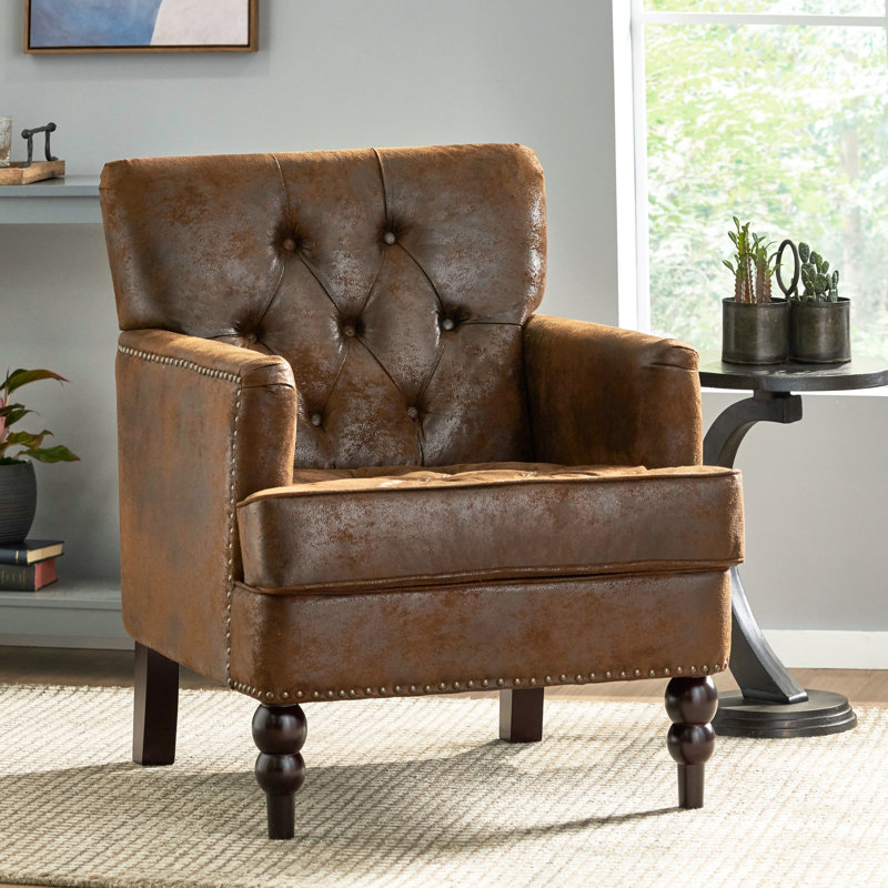 Chaise d'entrée contemporaine en microfibre à boutons, brun, avec coutures en losange, garniture cloutée et pieds en bois de bouleau
