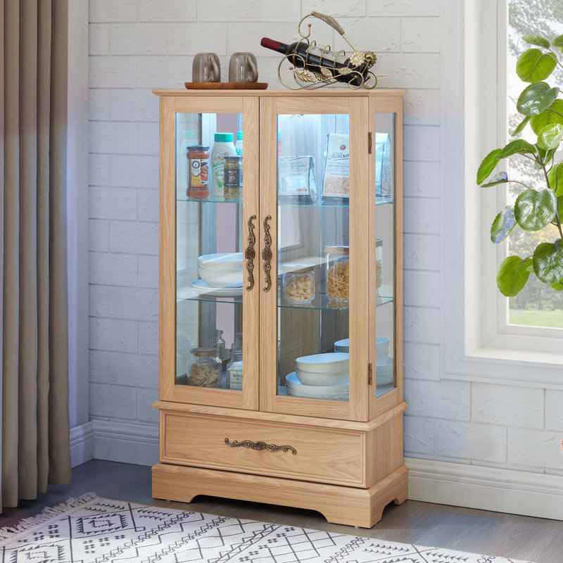 Vitrine lumineuse en verre avec tablettes réglables, Chêne clair
