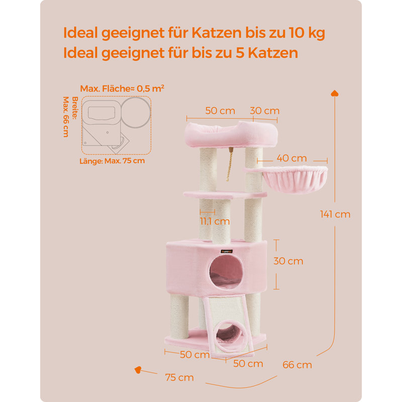 141cm H Cat Tree, Pastel Pink/Natural