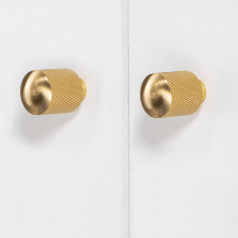 Modern Knurled Chrome Cylinder Knob, Brushed Brass