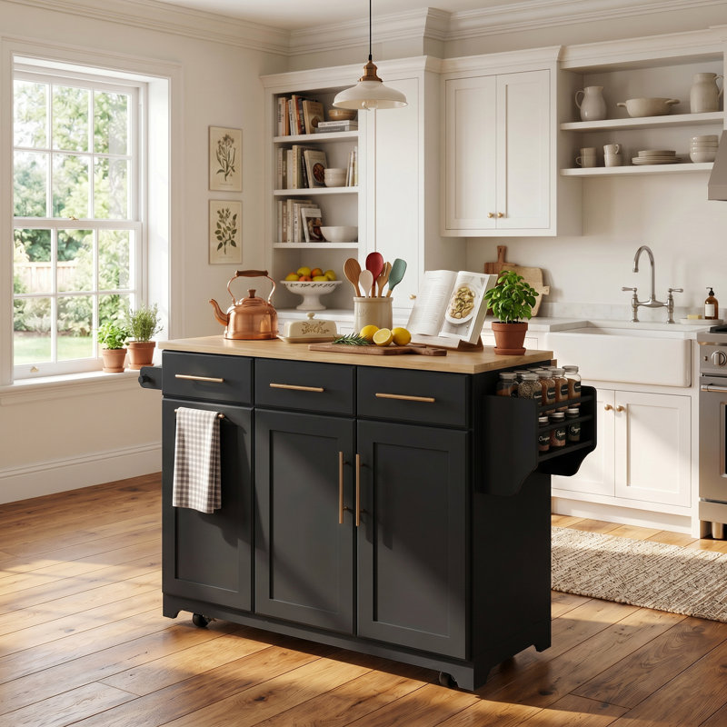 59.3" Black Kitchen Island with Storage 2 Pull Out Cabinet Organizers & Rubber Wood Drop Leaf, Rolling Kitchen Cart with Trash Can Storage, Power Outlet, Spice & Towel Rack for Kitchen, Dining Room