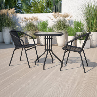 Amlie 23.75" Round Glass Metal Table with 2 Rattan Stack Chairs