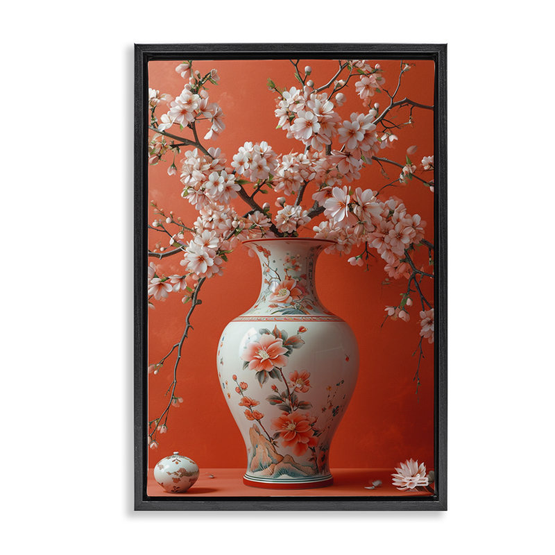 Fleurs dans un vase oriental, toile flottante encadrée par Roozbeh Bahramali, Cadre flottant noir de jais, H 31 po x l 21 po