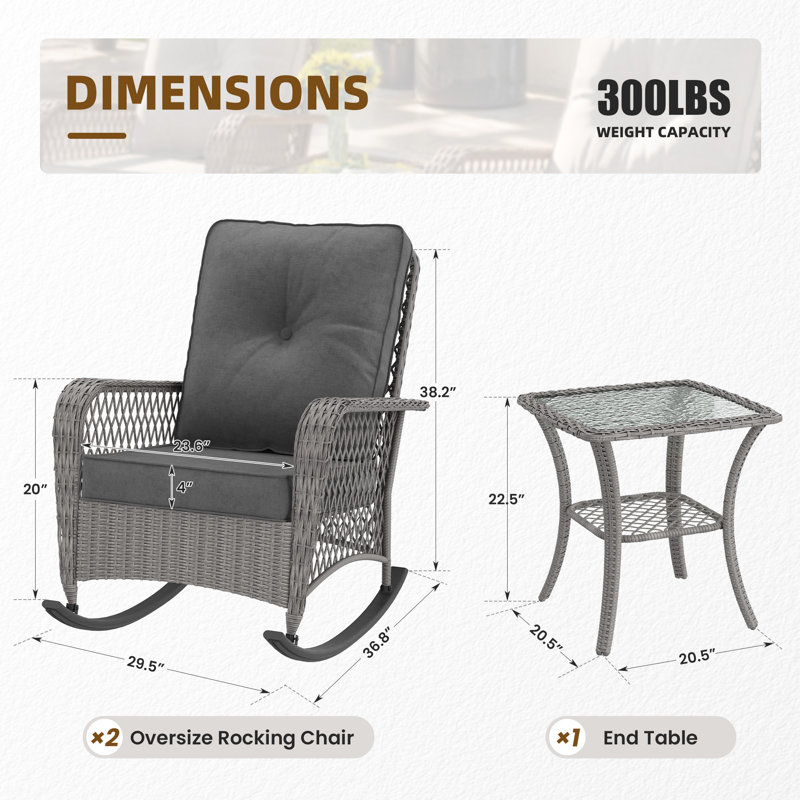 Oversized Outdoor Rocking Chair 3-Piece Set with Cushions & Glass Side Table, Dark Gray Cushion/Gray Frame