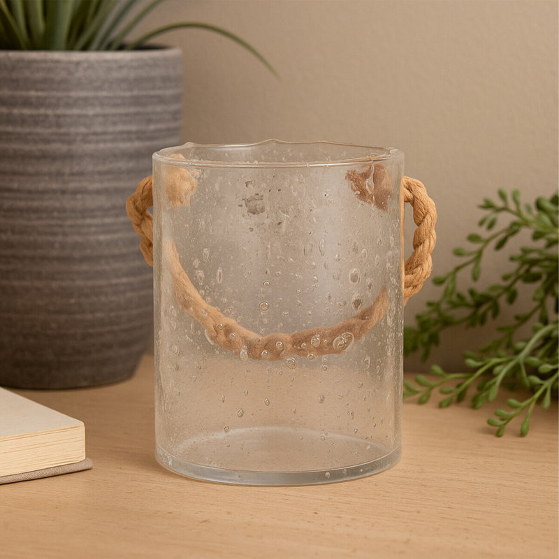 Glass Tabletop Lantern, Natural, 19cm H x 18cm W x 18cm D