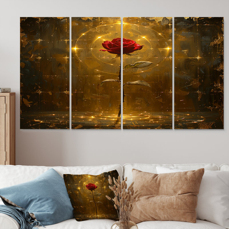 «Celestial Red Rose Magical Gold» - ensemble de 4 décorations murales roses, H 32 po x l 64 po