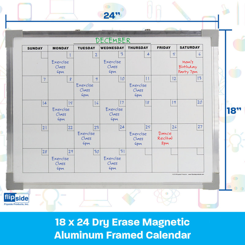 Aluminum Framed Magnetic Dry Erase Calendar Board, 18" x 24"