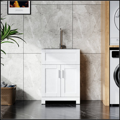 Armoire de salle de bain 24 po sans peinture blanche avec évier en acier inoxydable, résistante à l'humidité et facile à assembler