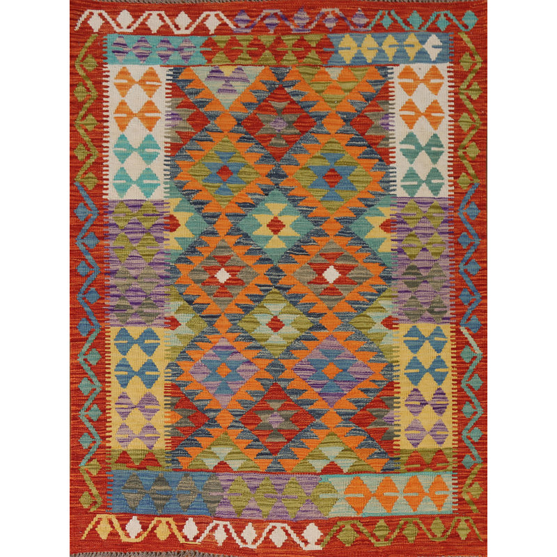 Geometric Wool Kilim Oriental Accent Rug 4x5
