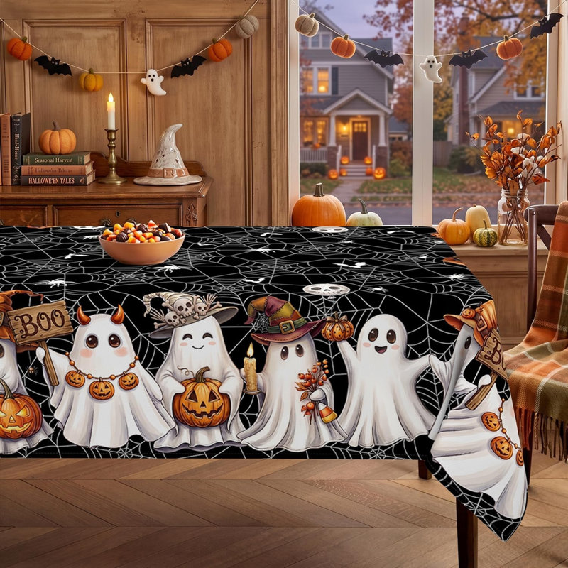 Nappe rectangulaire d'Halloween 60 x 84 pouces, en tissu lavable, motif toile d'araignée noire et fantôme, idéale pour la cuisine, les repas et les fêtes.