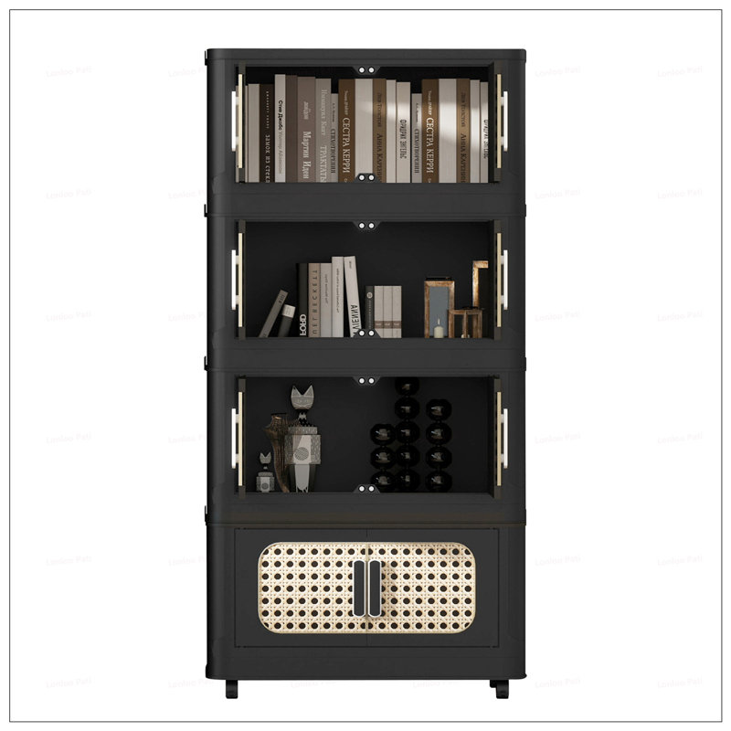Retro Black, 20" Side Wide Folding Storage Cabinet ,4 Tiers,19.69"×11.81"×40.55",Collapsible Storage Bins with Magnetic Door, Plastic Storage Cabinet with Wheels