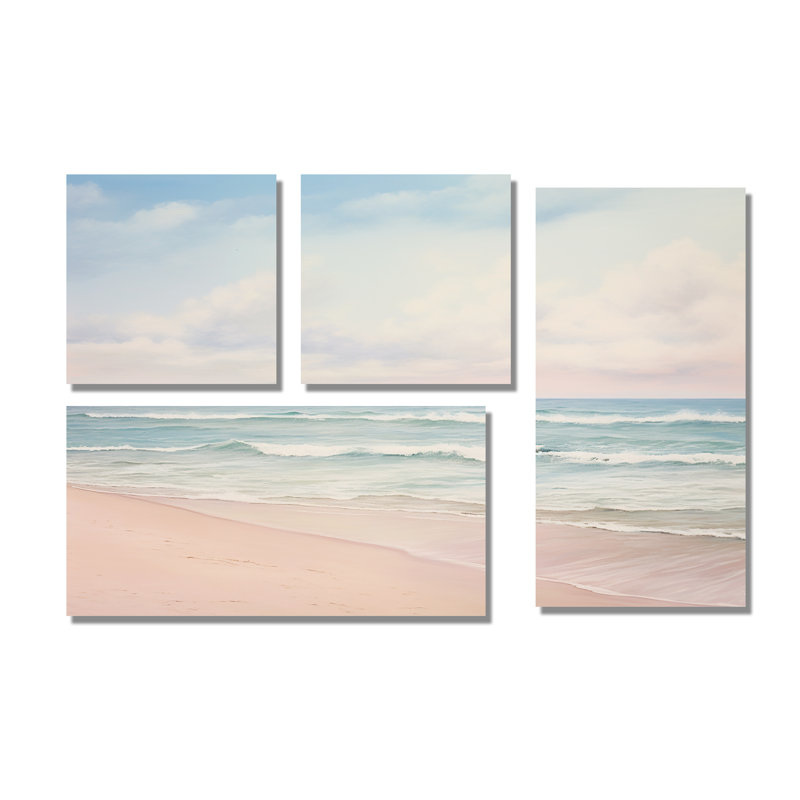 «Ocean Tranquility Tender Pink Pastel Sunrise - Large Coastal Beach», art mural 4 pièces, Toile tendue, Ne s’applique pas