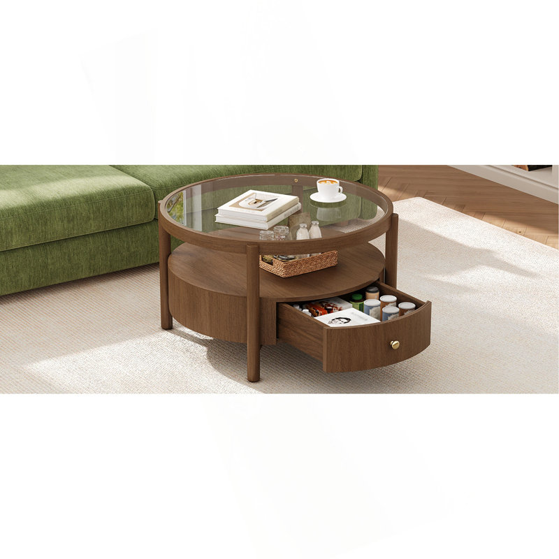 Table basse ronde en bois massif avec plateau de rangement en verre massif, table de centre circulaire moderne Mid-Century à 2 niveaux, table basse en bois de noyer pour le salon