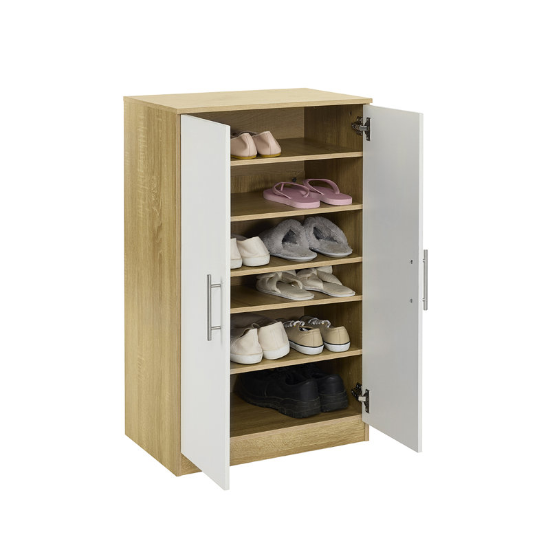 White Wooden Shoe Storage Cabinet, 6 Shelves, White/Oak