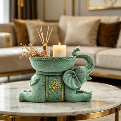 Antique Style Elephant Sculpture With Tray - Handcrafted Resin Home Decor Figurine For Living Room, Office Desk, Bookshelf Or TV Stand - Unique Gift Idea