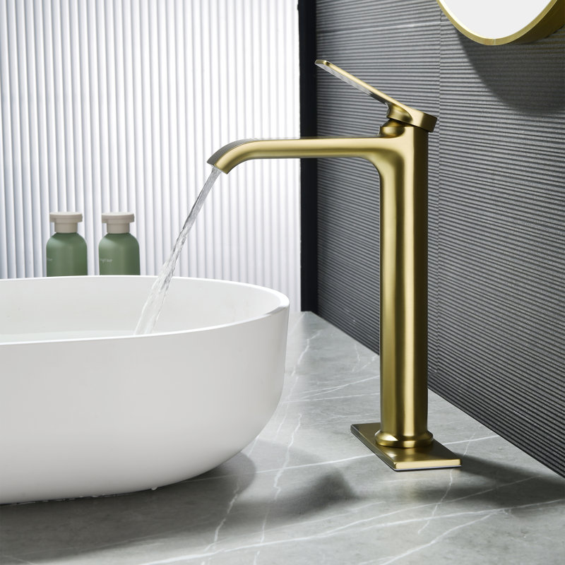 10“H Solid Brass Vessel Sink Faucet Single Handle Single Hole Bathroom Sink Faucet With Drain Assembly, Brushed Gold, No