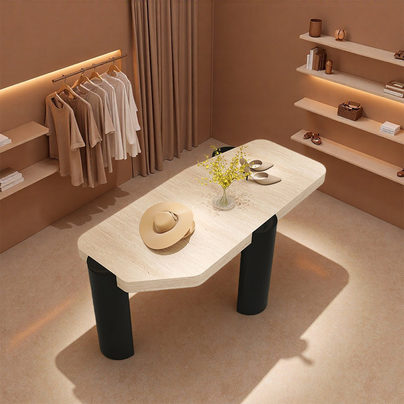 Table de présentation géométrique beige et noire, 27,56 po x 63 po x 27,56 po