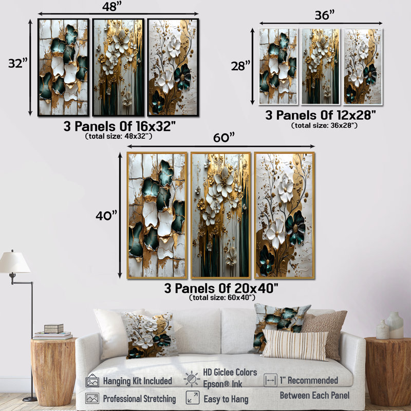 Vert et blanc fleurs élégantes arctiques I - Collection d'art mural de carreaux abstraits gris, H 40 po x l 60 po