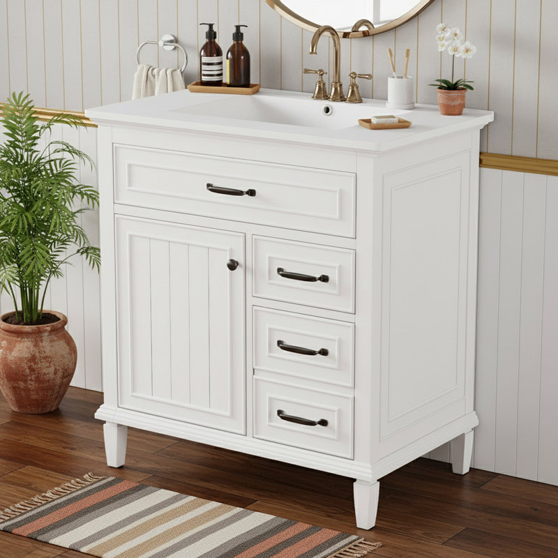 Bathroom Vanity With Ceramic Sink And Flip Drawers And Adjustable Shelf, White