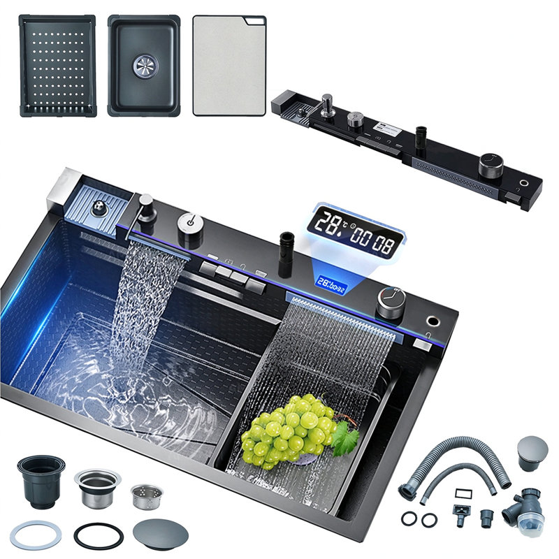 Mosson - Meuble-lavabo de cuisine noir à cascade de 29,5 pouces avec robinet, planche à découper et cuves coulissantes Mosson