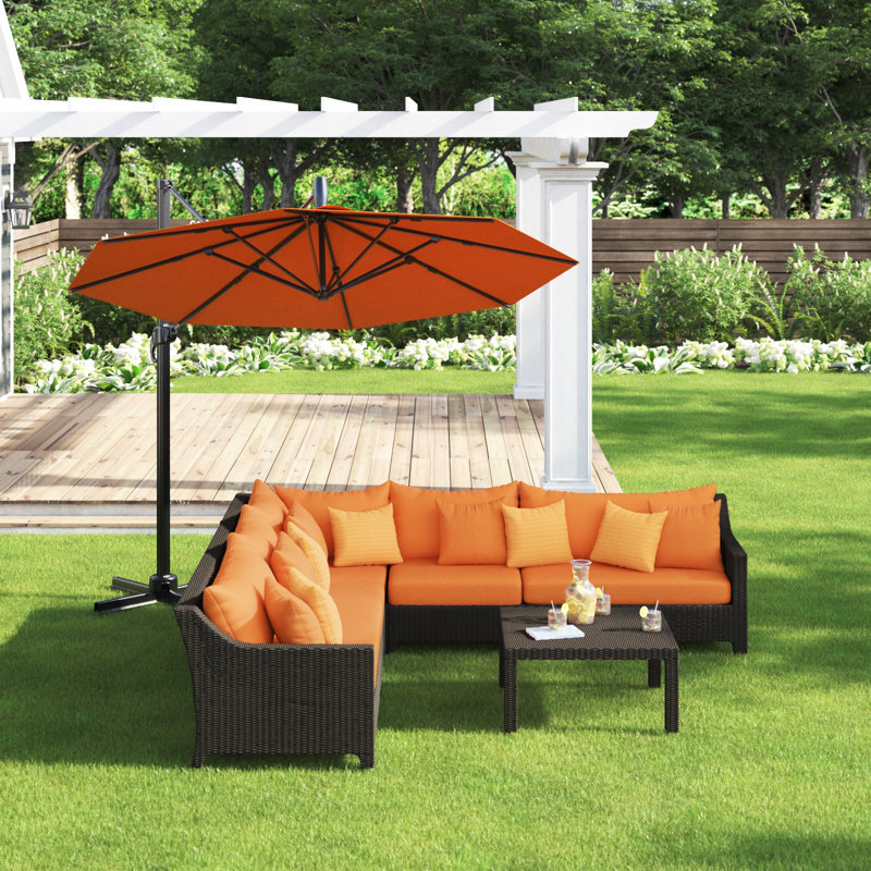 Fionnula 7 Piece Rattan Sectional Seating Group With Sunbrella Cushion Covers, Spectrum Cayenne Sunbrella® Plainweave