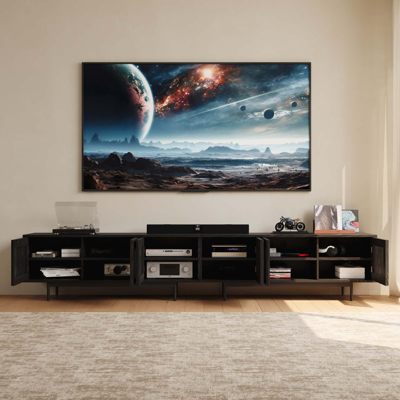 Meuble télé Aeolus Mid-Century moderne, pré-assemblé, H 21,26 po x L 118,11 po x l 18,89 po, Noir