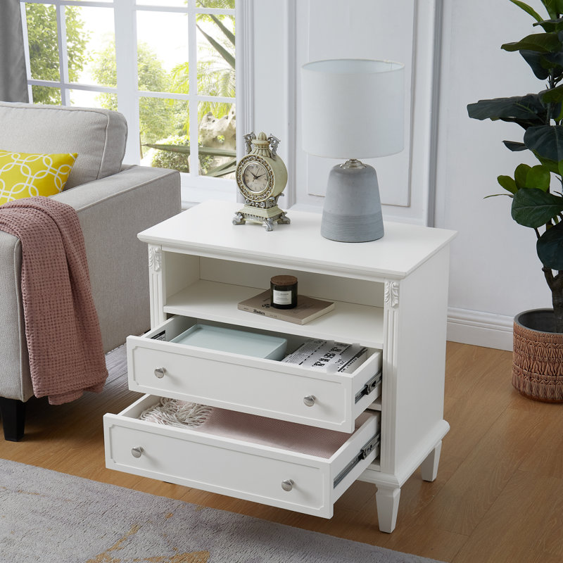 Table d'appoint blanche avec fonction de charge: 2 tiroirs, espace ouvert, pieds en bois massif, conception cannelée, tiroirs de la commode de la chambre à coucher