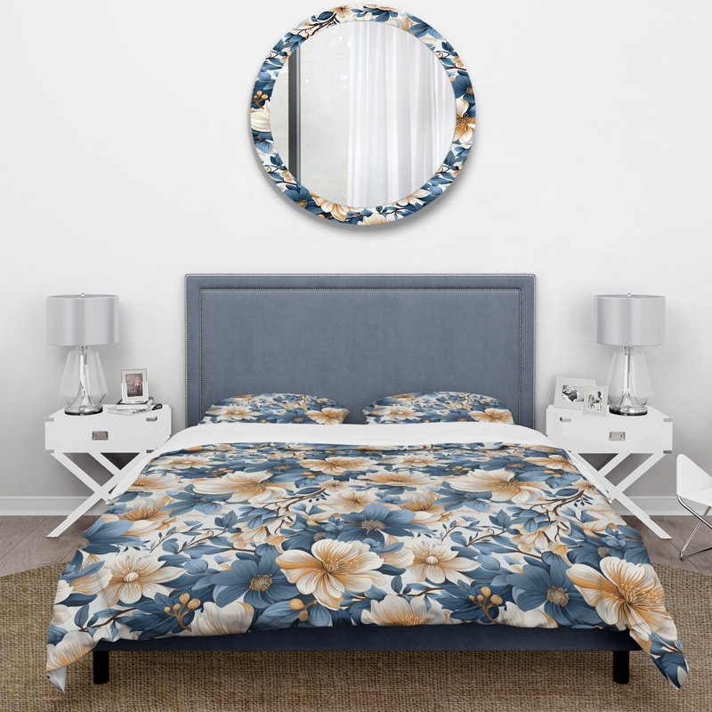 Ensemble de housse de couette bleu rétro motif floral Finesse III, Housse de couette simple + 1 taie décorative stan