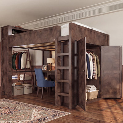 Grand lit mezzanine en bois avec garde-robe et bureau, tête de lit avec rangement et port USB, brun