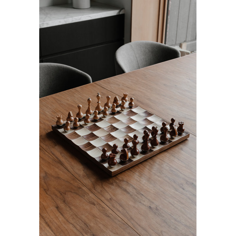 Modern Walnut and Maple Wobble Chess Set with Chrome Accents