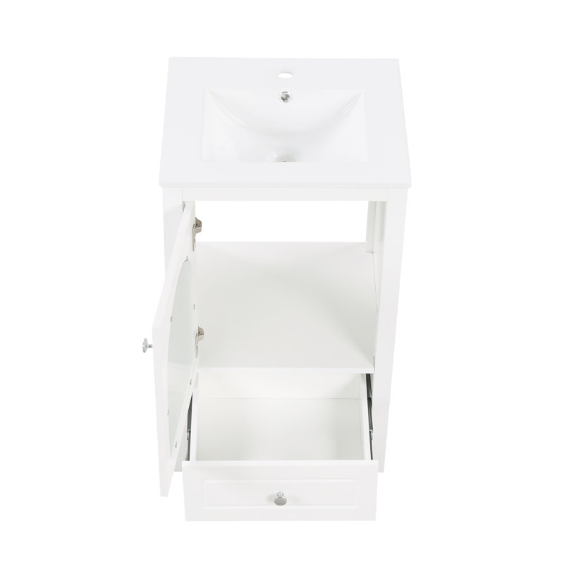 Meuble-lavabo de 20 po avec lavabo, armoire de salle de bain avec porte en verre à fermeture douce, un tiroir,, Blanc / Blanc