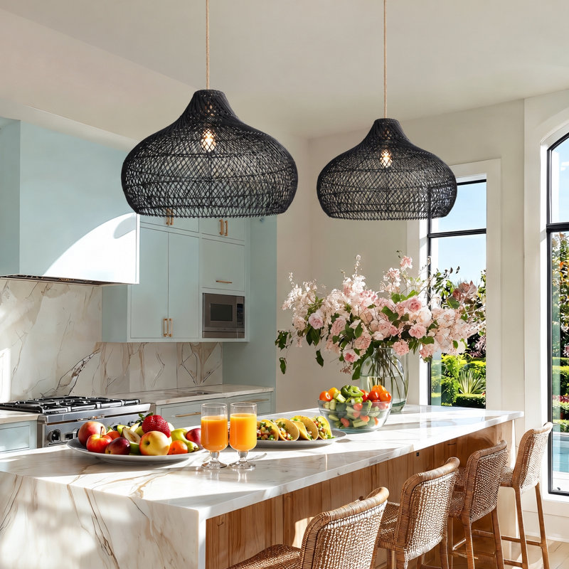 Latigo Rattan Pendant Light - 24" Black Dome Handwoven Adjustable Light Fixture For Kitchen Island or Dining Room in Modern and Farmhouse Style