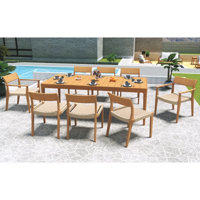 Ensemble de salle à manger 9 pièces en bois de teck de qualité A: table rectangulaire Amilo de 84 po et chaises empilables Amilo (2 et 6 chaises sans accoudoirs) # 11AM3002