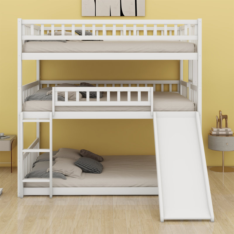 Triple Bed With Built-In Ladder,Slide And Guardrails, White