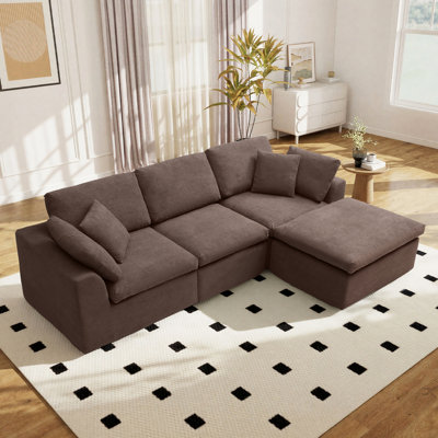 Comfy Boneless L Shaped Sectional Modular Cloud Sofa with Ottoman, Oversized Compression Deep Seat Couch, 3 Seater Living Room Set
