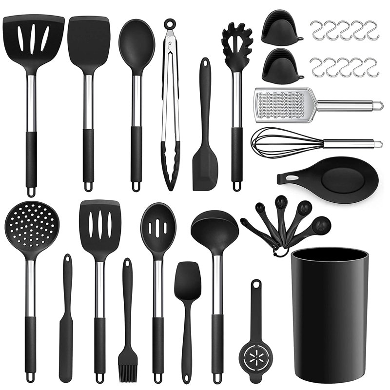 Ensemble d'ustensiles de cuisine en silicone, ensemble d'ustensiles de cuisine en acier inoxydable, résistant à la chaleur antiadhésif, noir