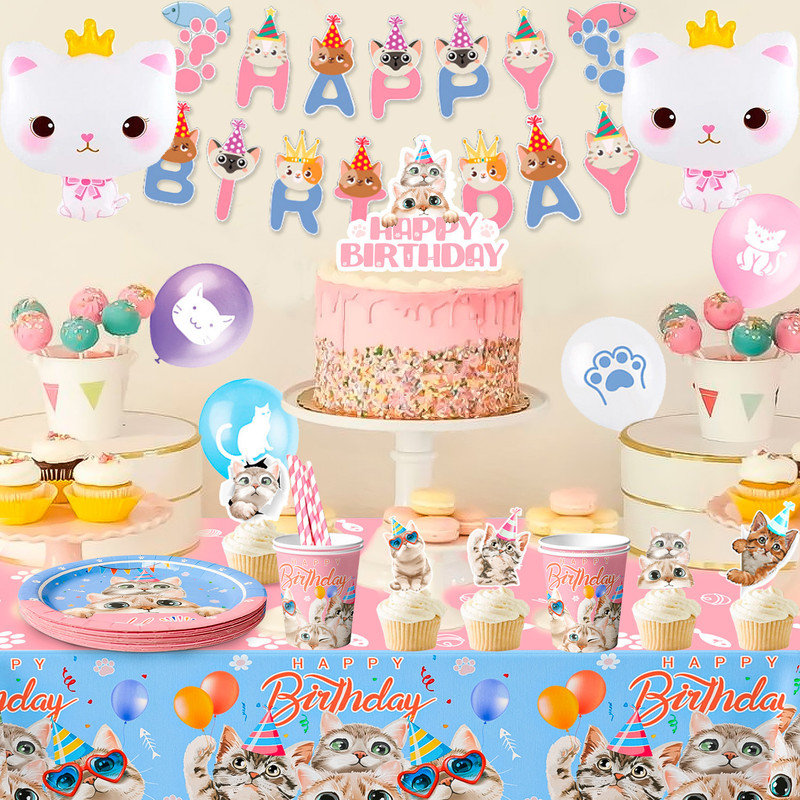Cat Party Supplies,116pcs Cat Birthday Decorations & Kitten Dinnerware Set