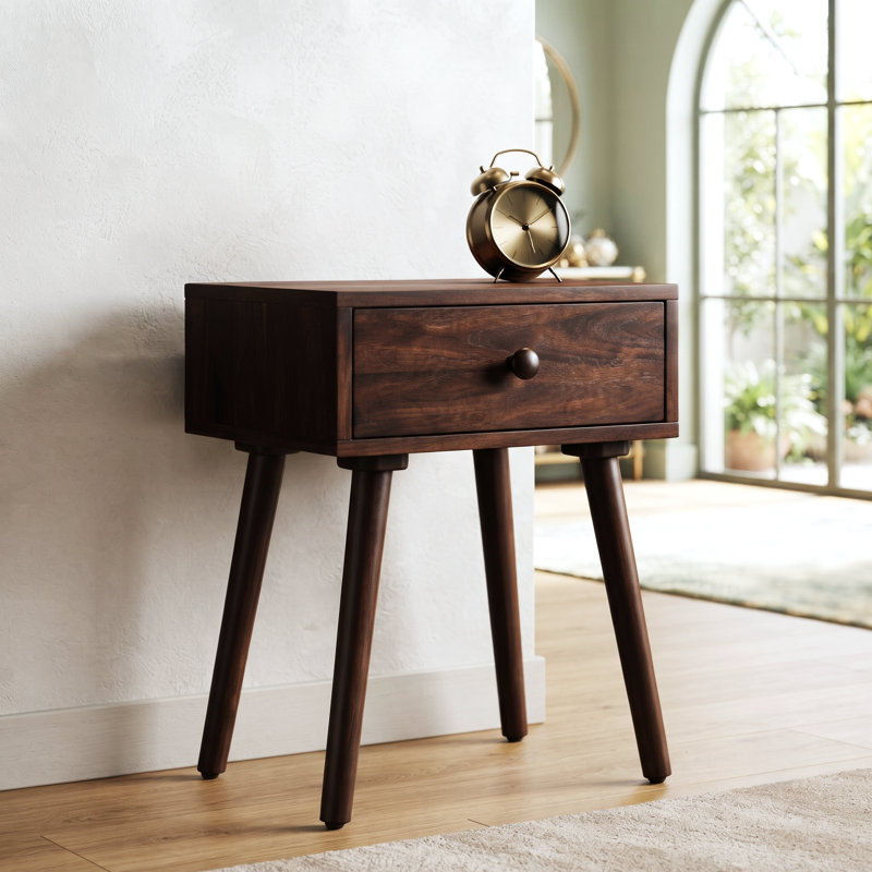 Table de chevet à tiroir en bois massif, couleur brun espresso, style moderne du milieu du siècle, avec rangement