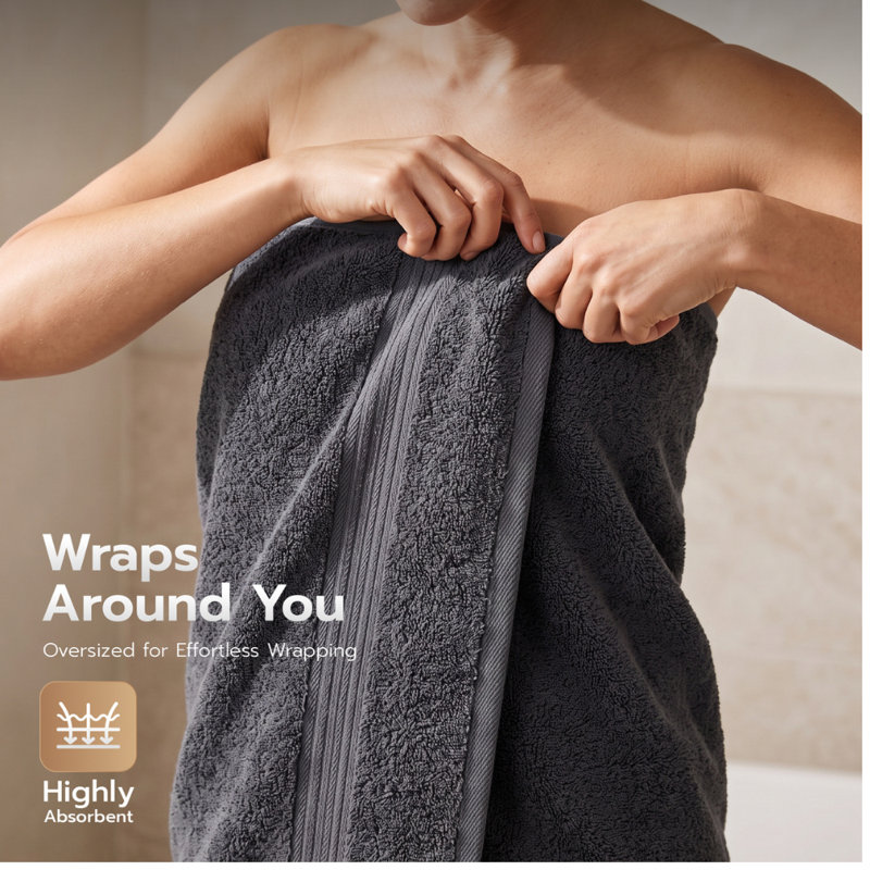 Lot de 2 draps de bain géants, 100 % coton peigné filé à l'anneau, 89 x 178 cm, doux, absorbants, séchage rapide, gris